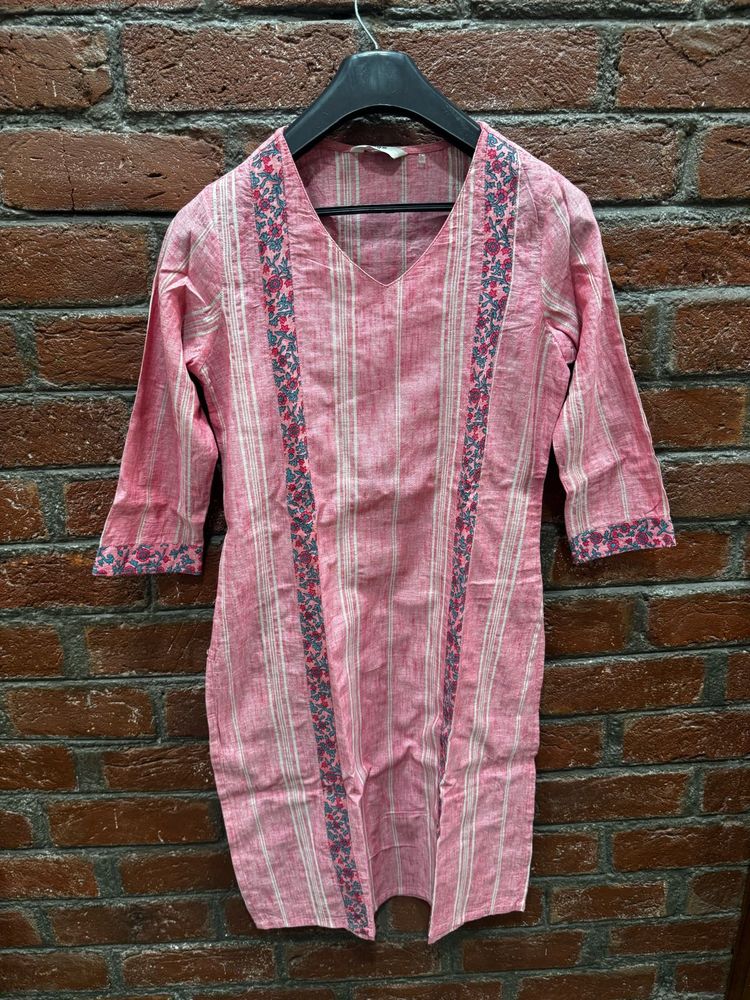Striped Pink Kurta with Floral Embroidery