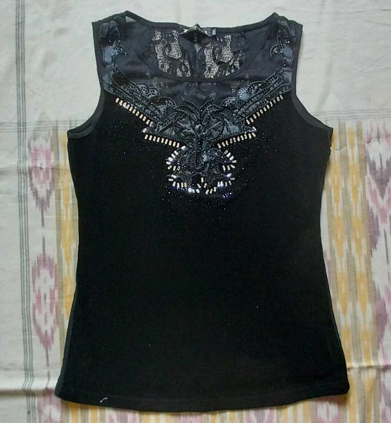 Embellished Black Sleeveless Top