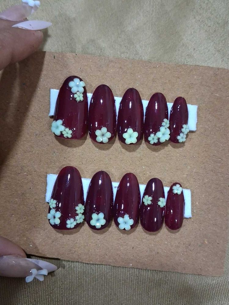 Maroon Floral Press-On Nails