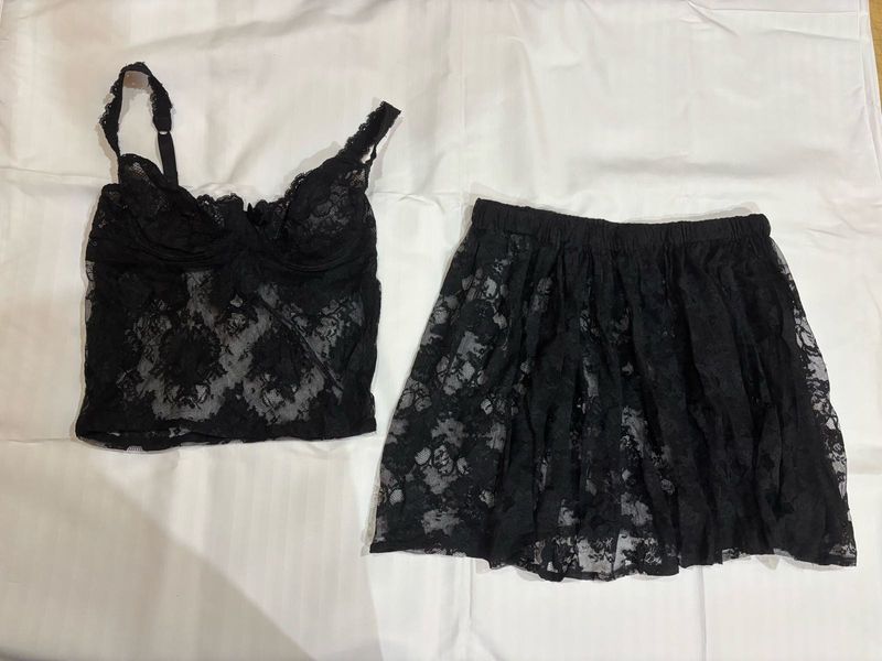 Sheer Black Lace Cami &amp; Skirt Set