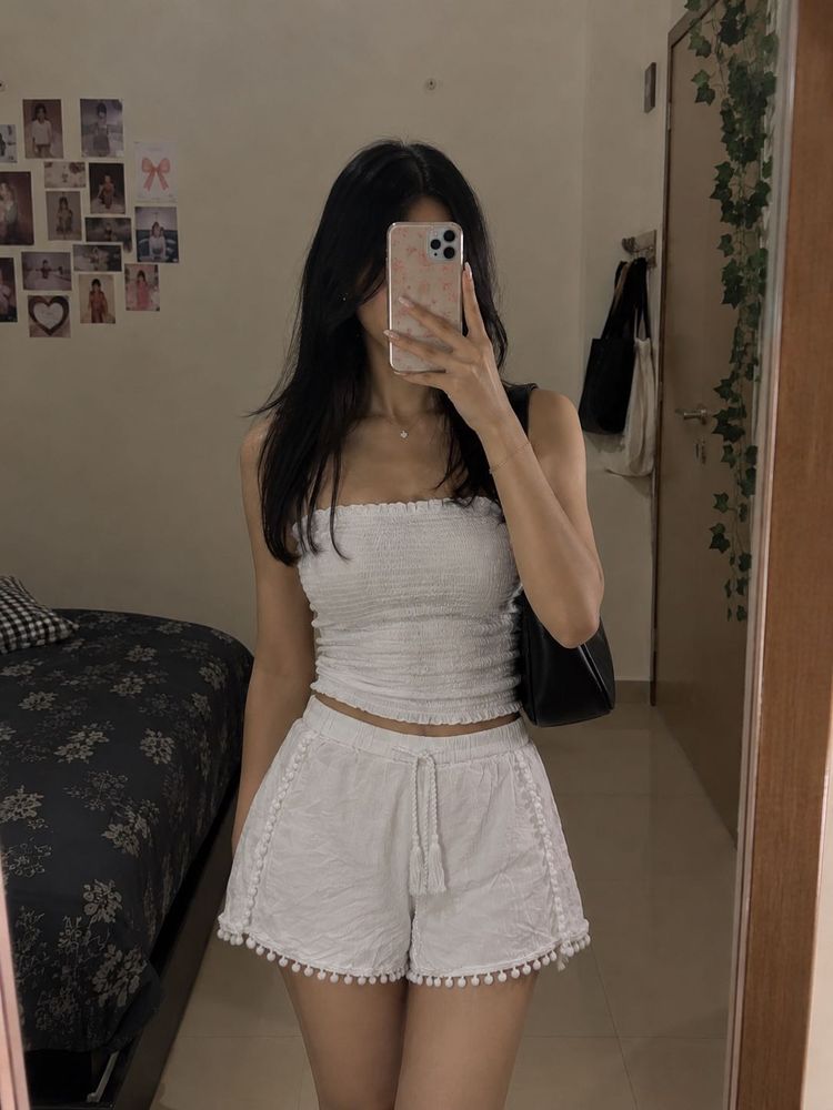 Cute White Smocked Tube Top &amp; Shorts Set