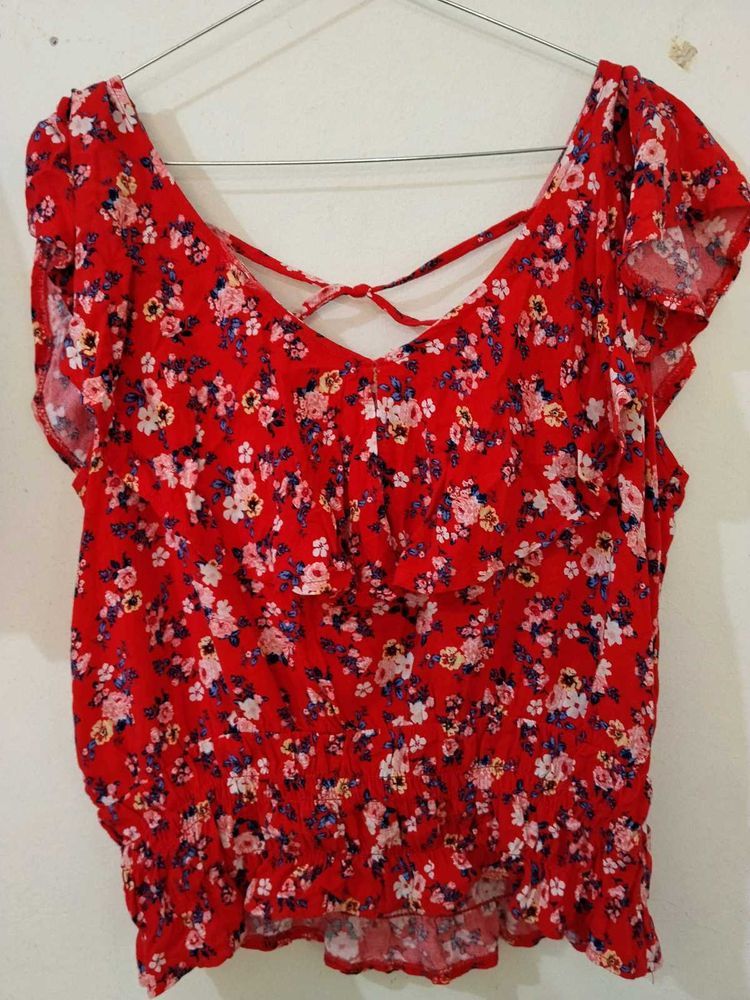 Red Floral Tie-Up Back Ruffle Top