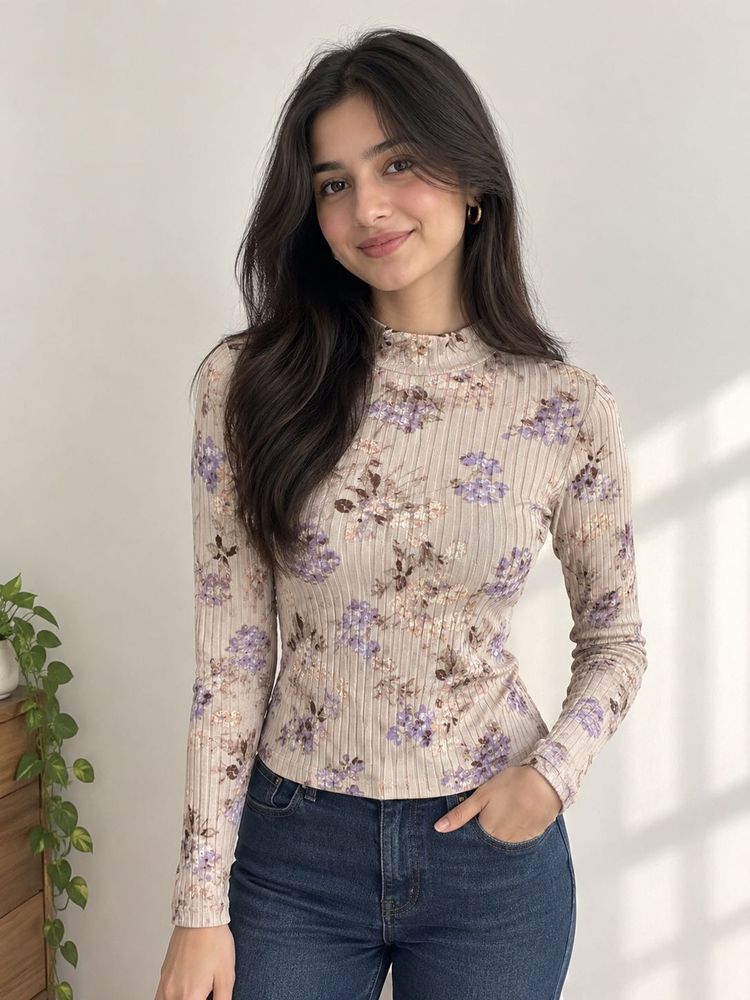 Floral Ribbed Mock Neck Top