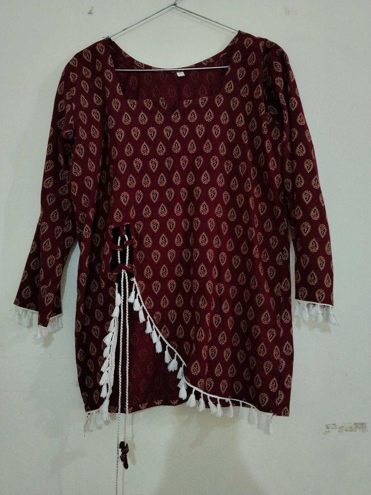 Maroon Printed Short Kurti with Tassels