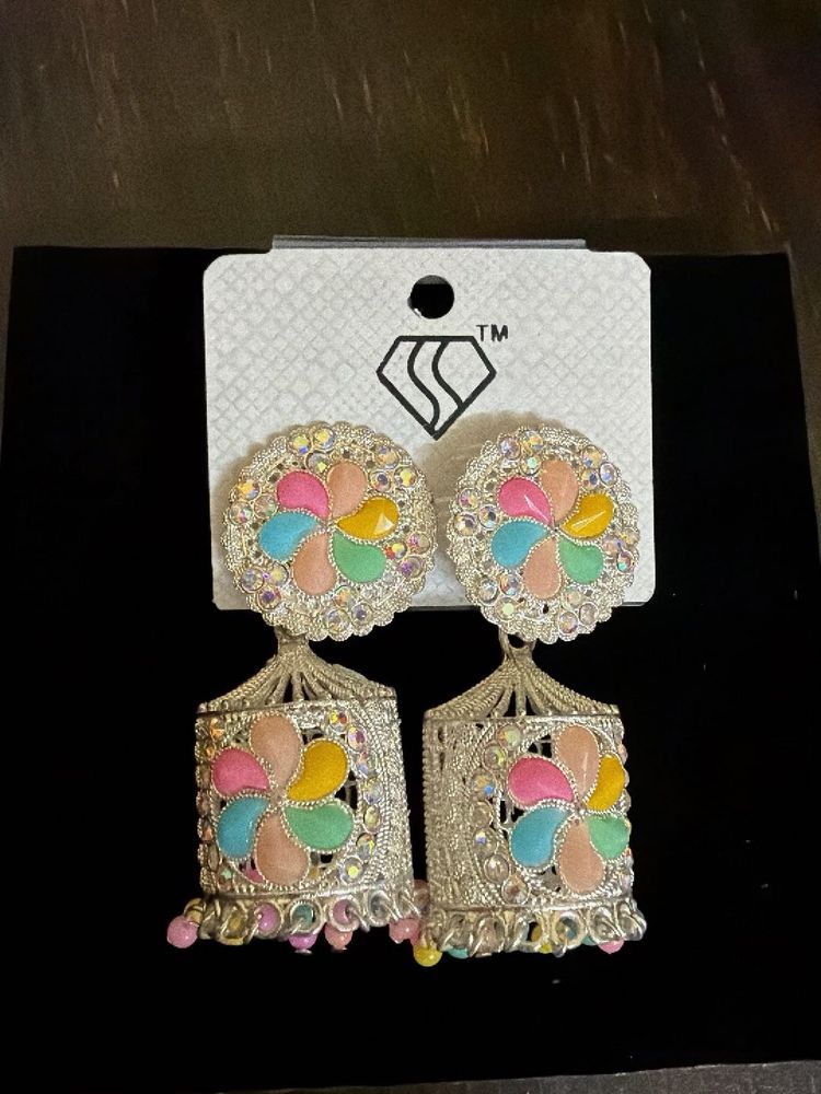Multicolor Jhumka combo with silver bangles
