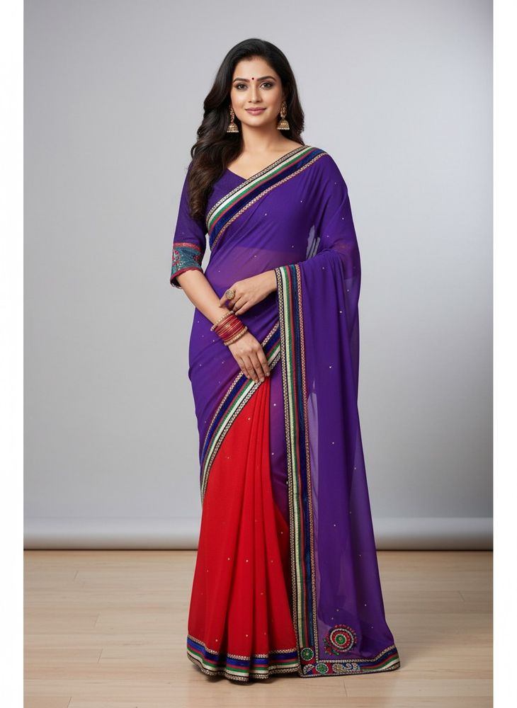 Vibrant Purple &amp; Red Indian Saree