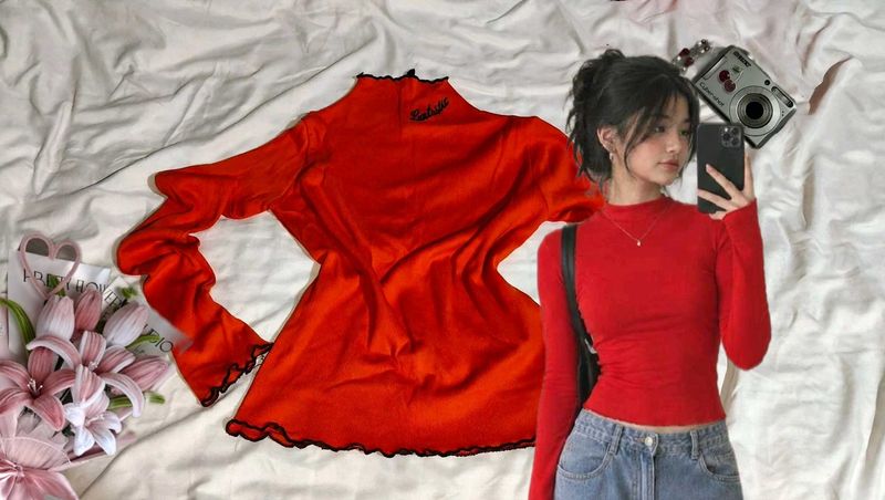 Chic Red Mock Neck Long Sleeve Top