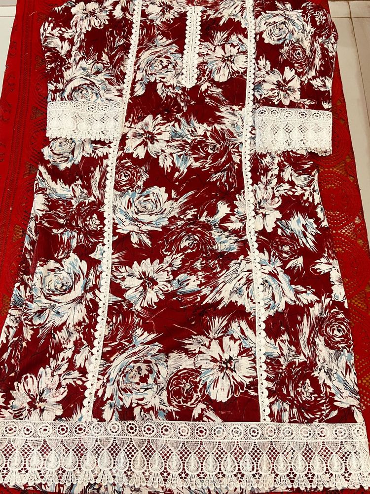 Maroon Floral Print Kurta with Lace