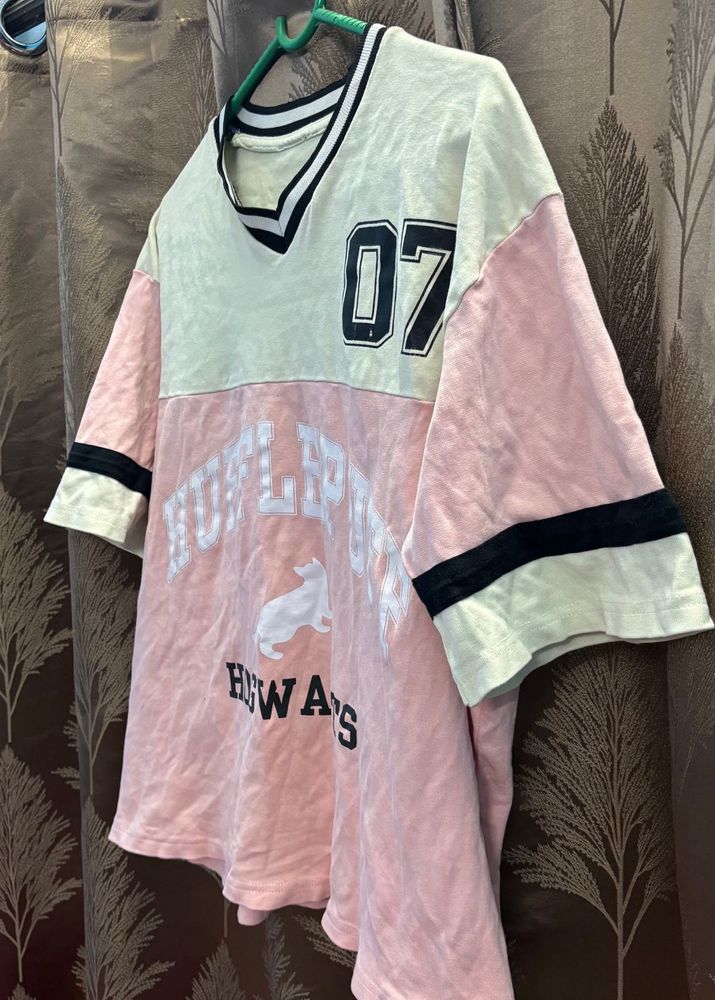 Off white And Pink Down Shoulder Tshirt
