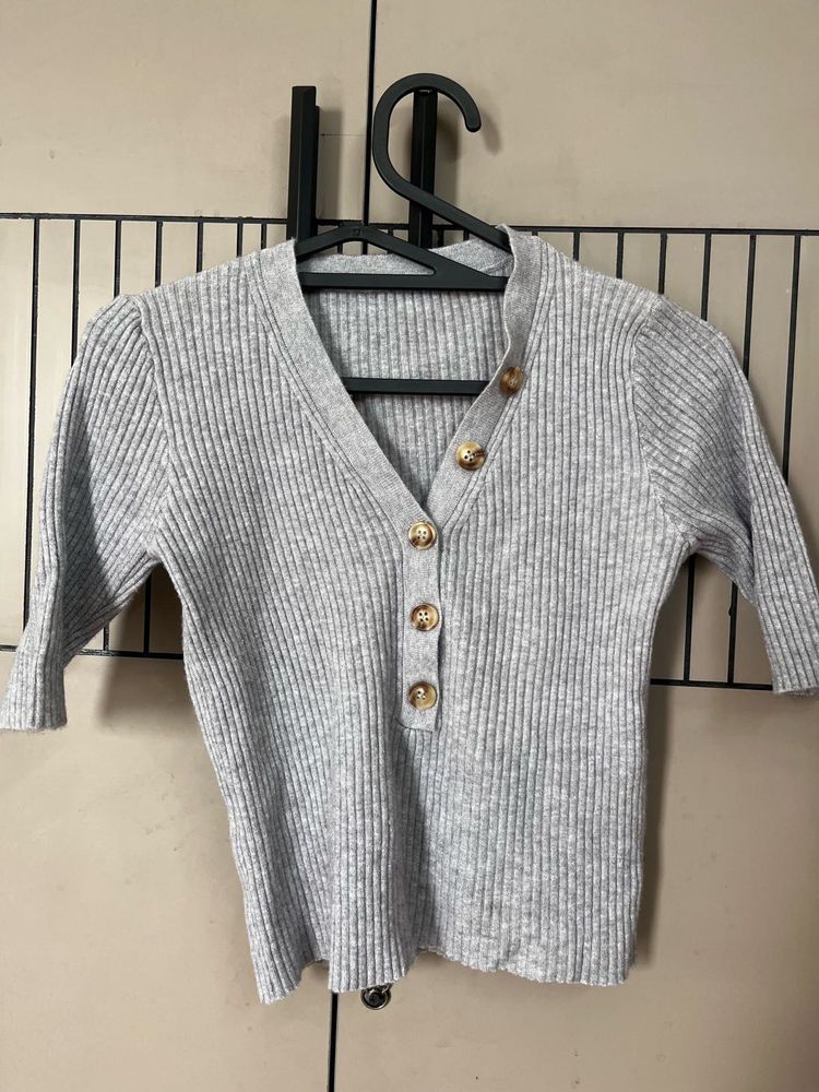 Grey Ribbed Button-Up Top