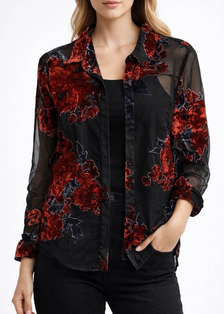 Hey - Sheer Floral Black Party Wear Shirt