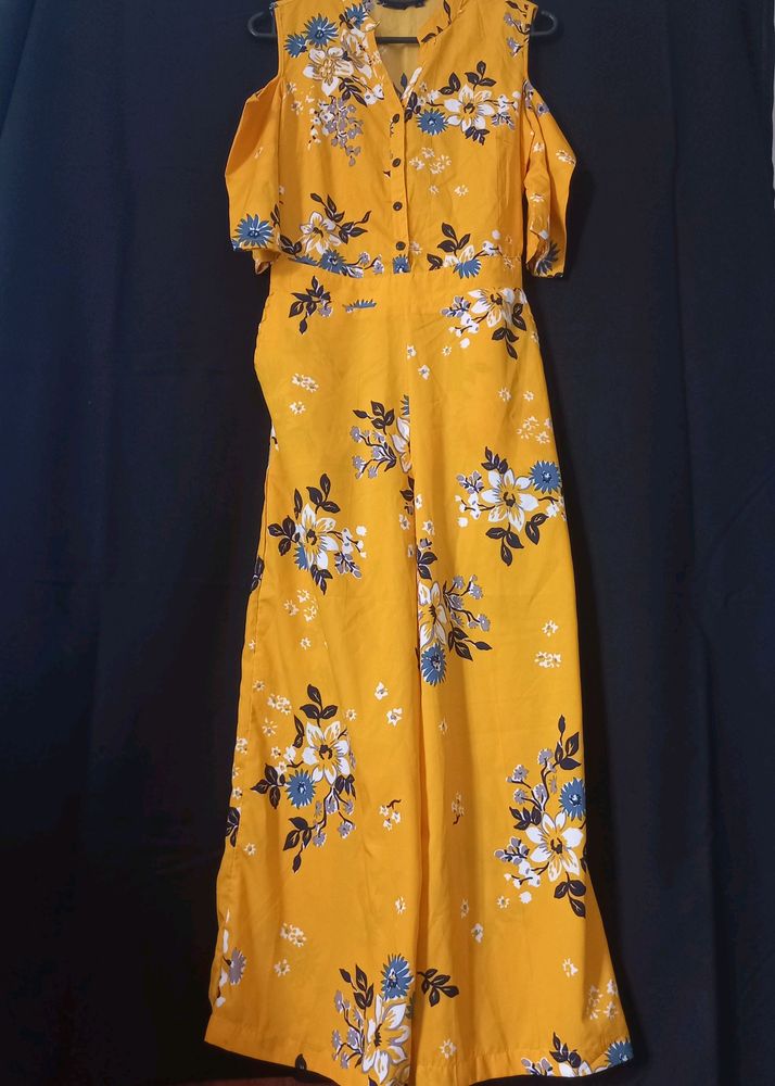 Yellow Floral Cold Shoulder Jumpsuit