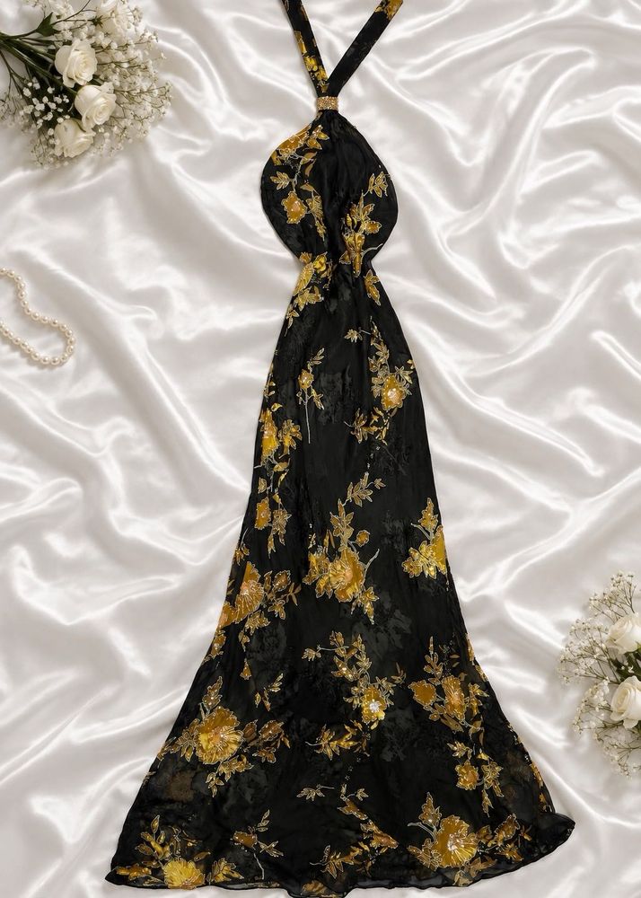 Elegant Black Floral Halter beaded Gown