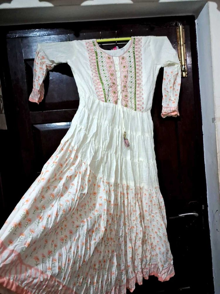 White Embroidery Anarkali dress with Tassels