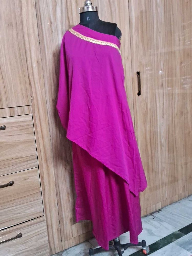Magenta one shoulder with Gold Trim