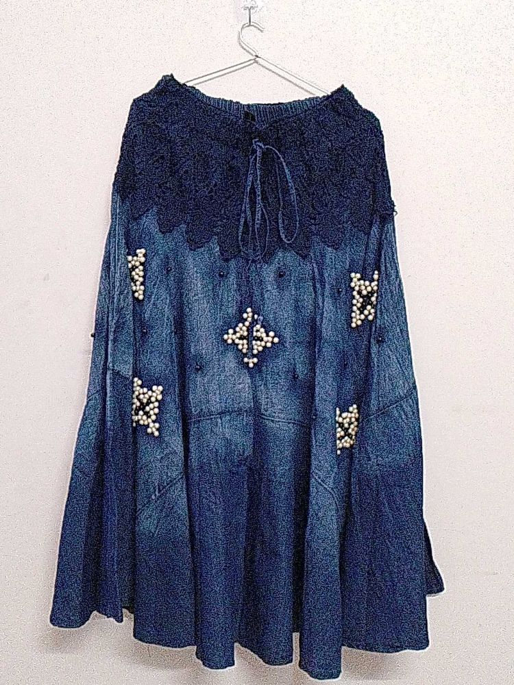 Bohemian Denim Maxi Skirt with Pearl Embellishment