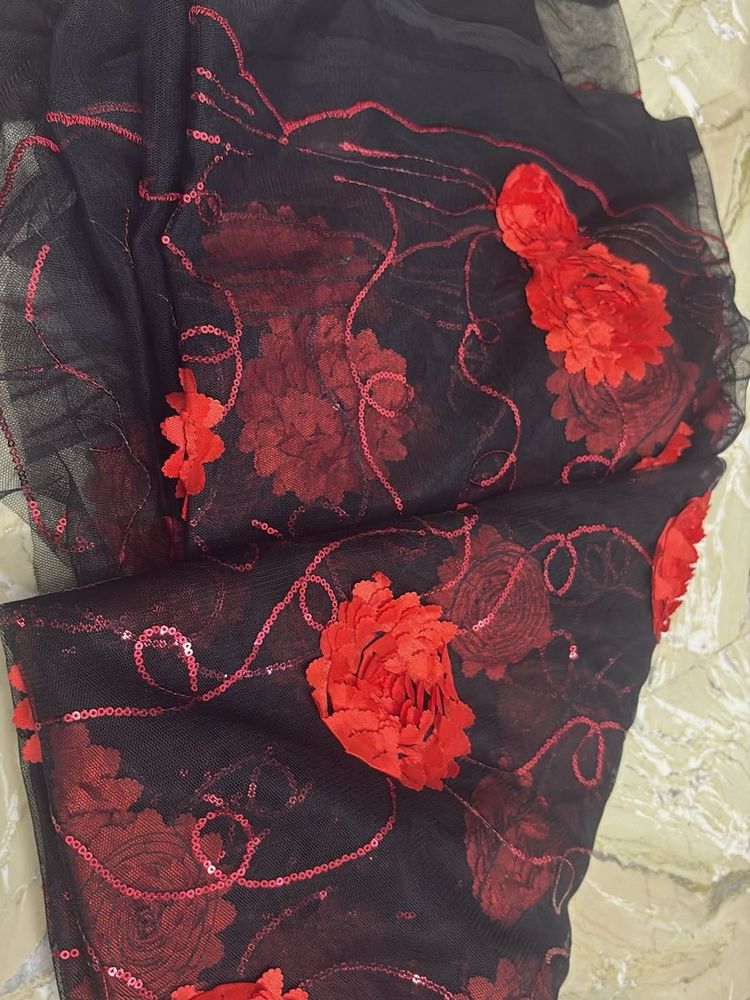 Black Net with Red Floral Sequins fabric