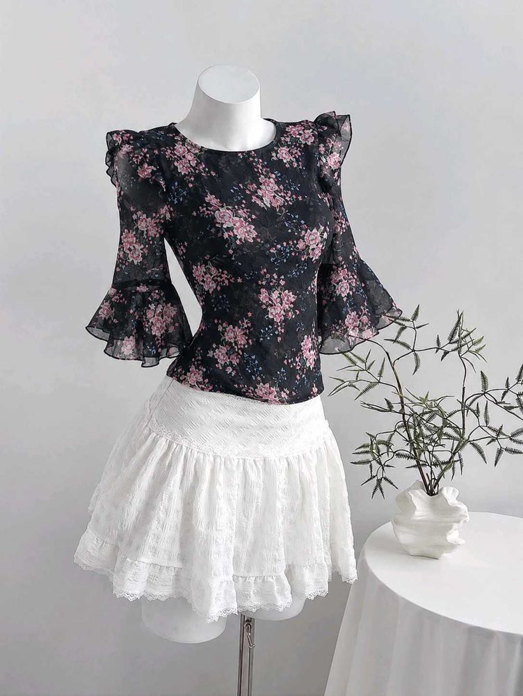 Floral Bell Sleeve Sheer Top