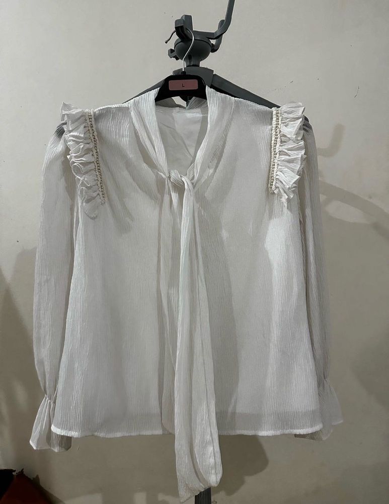 Elegant White Ruffle Neck Blouse