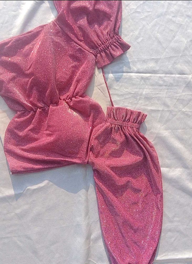 pink glitter Sparkly One-Shoulder crop Top