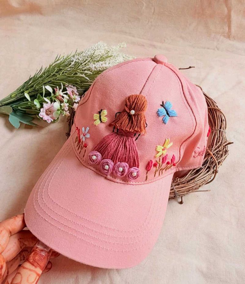 Hand-Embroidered Pink Cap with Doll Design