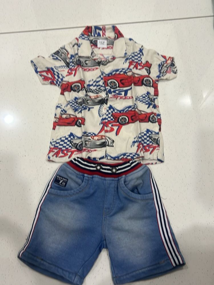 Boys Car Print Shirt &amp; Denim Shorts Set
