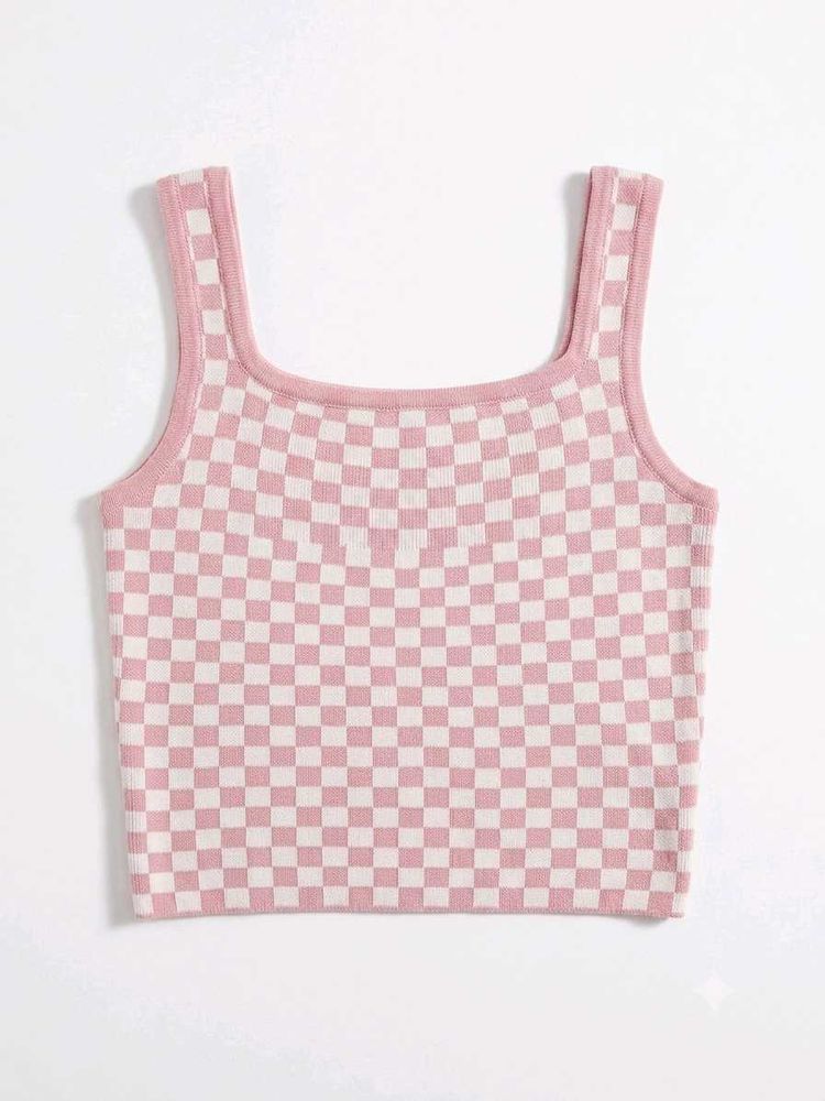 Pink Checkered Knit Tank Top