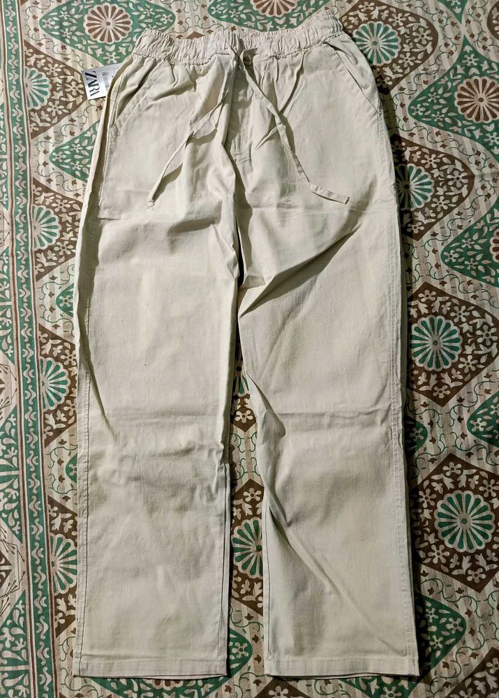 Zara Beige Linen relaxed fit Pants
