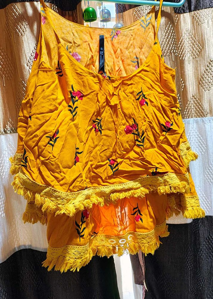 Yellow Printed Kurta Set with Tassels