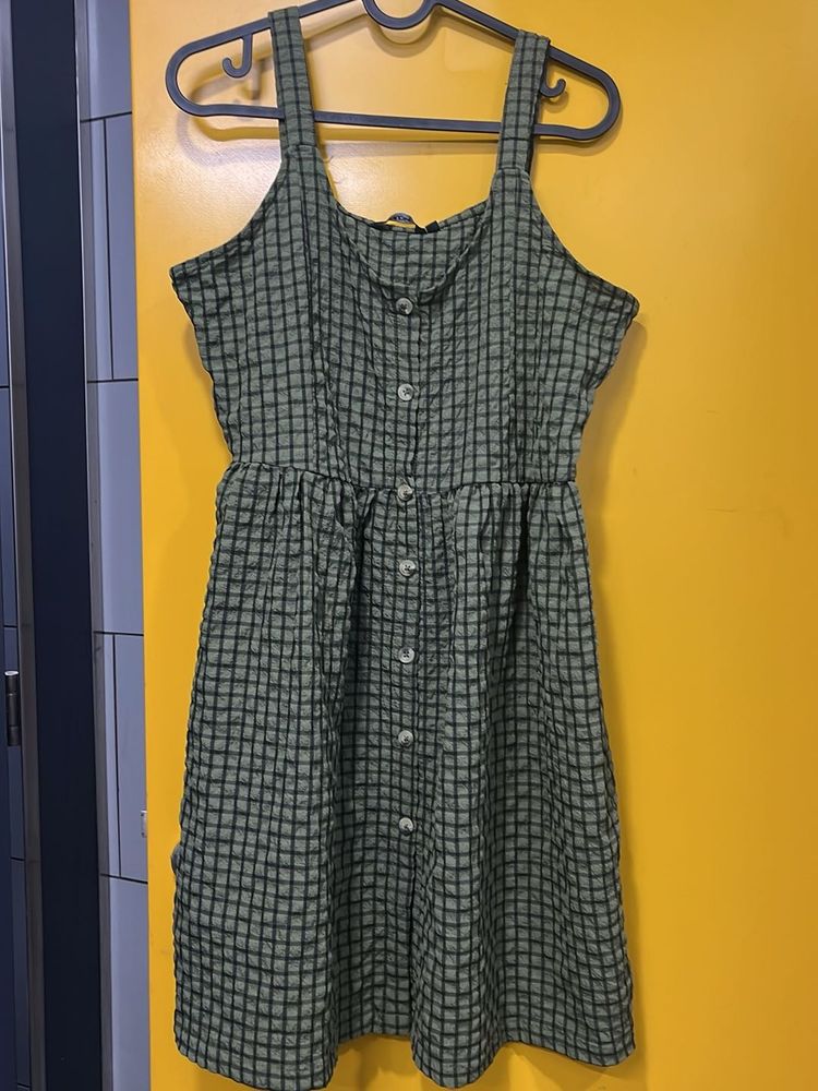 Green Plaid Button-Front Dress
