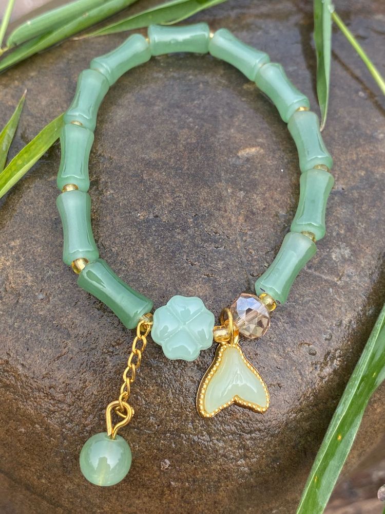 Bamboo Jade &amp; Mermaid Tail Charm Bracelet