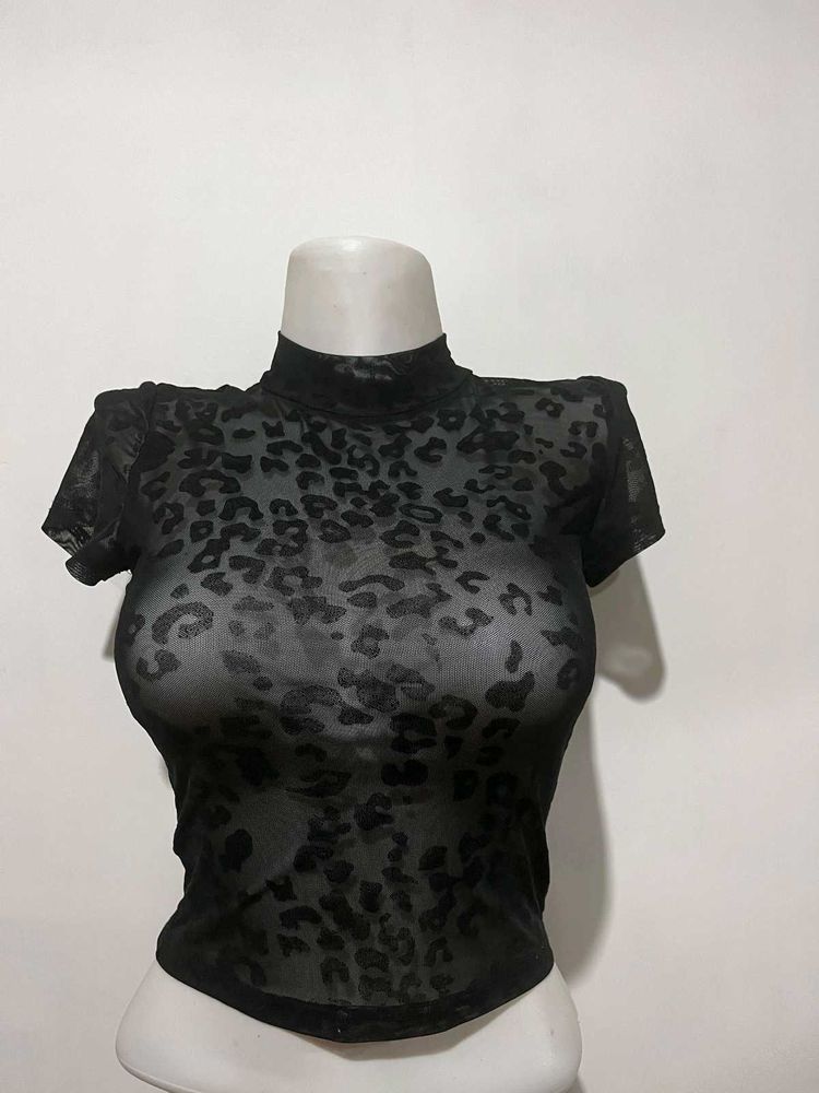 Sheer Leopard Print Mock Neck Top