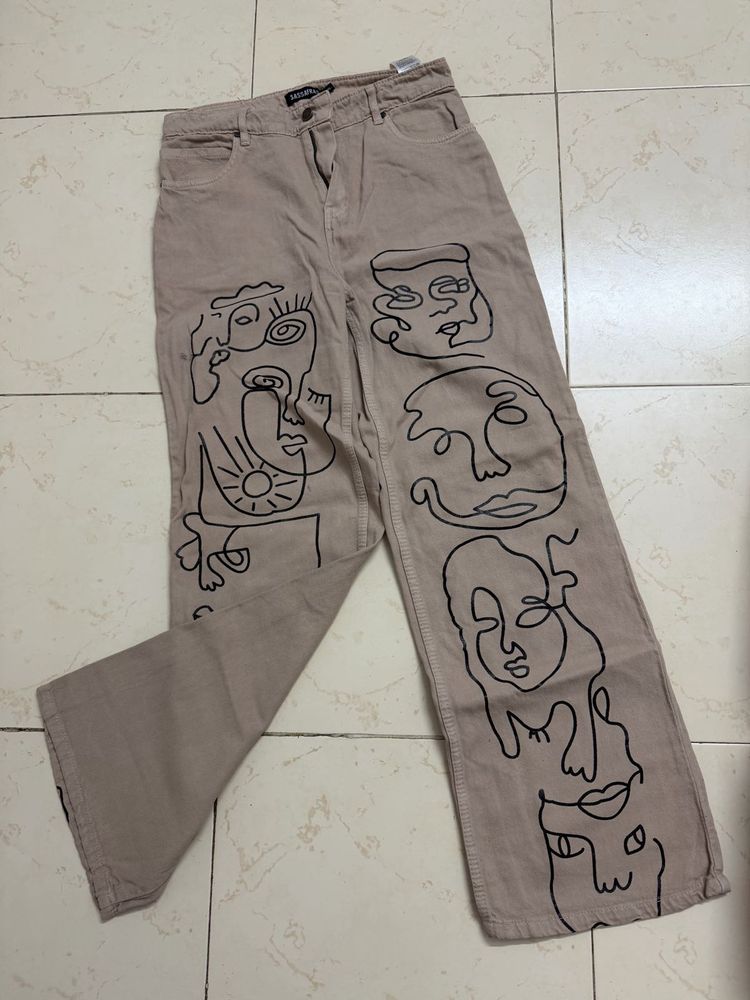 Unique Abstract Face Print Wide Leg Jeans