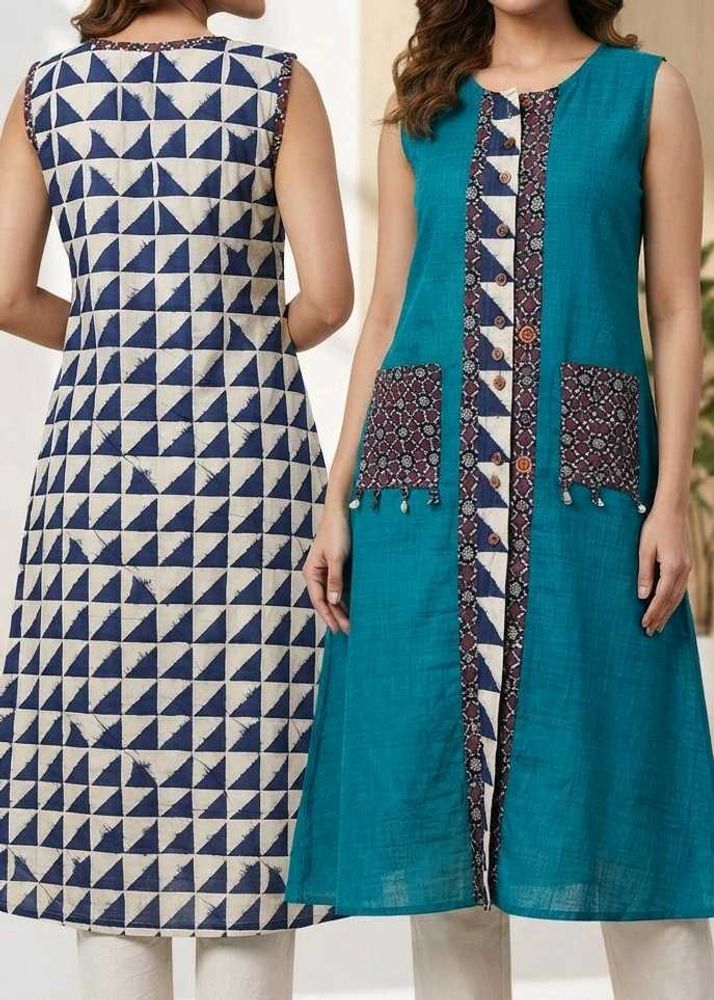 Stylish Teal &amp; Blue Geometric Print Kurta
