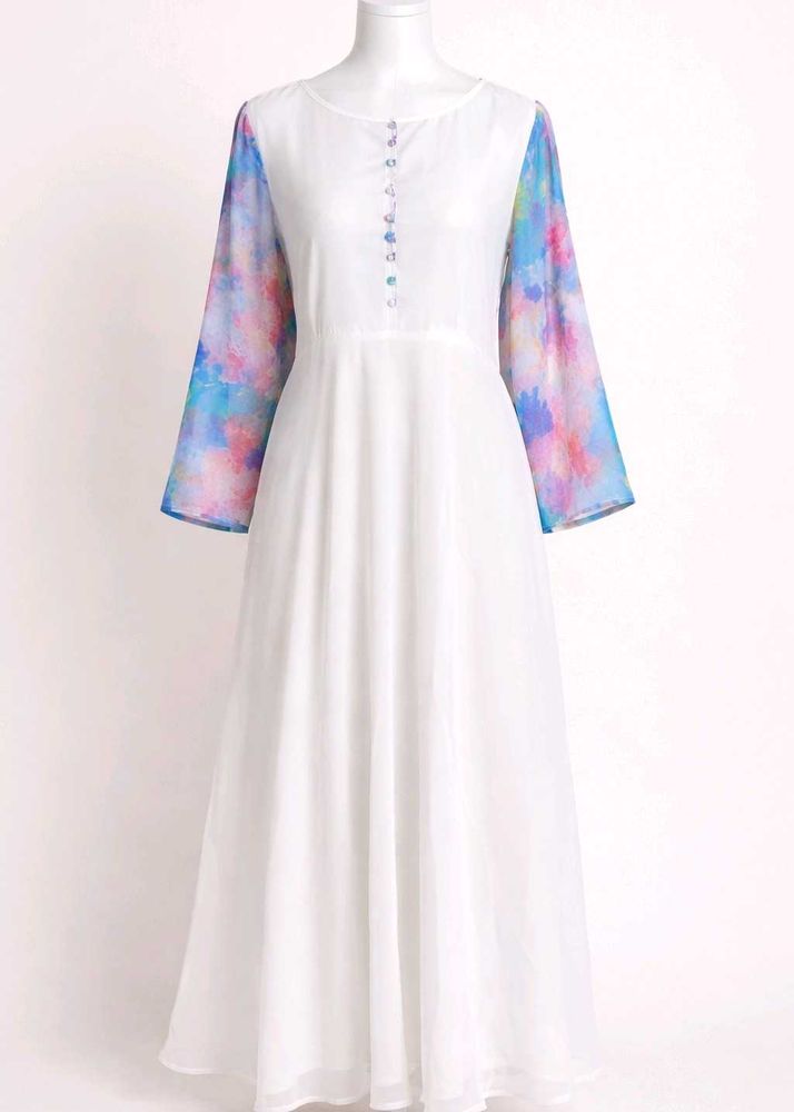Elegant White Gown with Sleeves + dupatta.