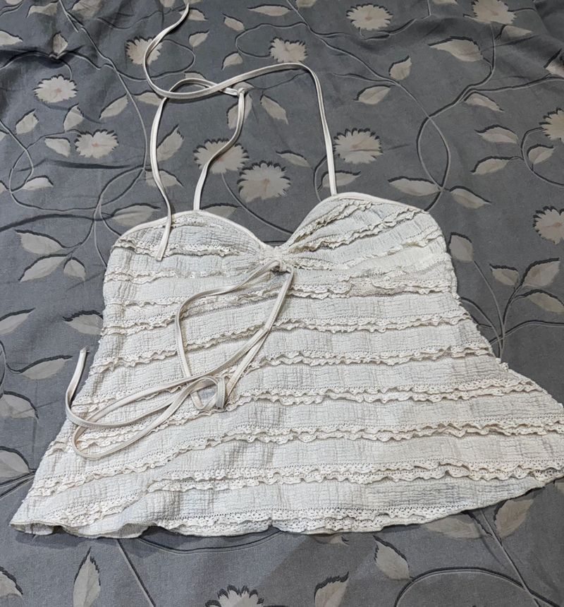 Cream Lace Trimmed Halter Top