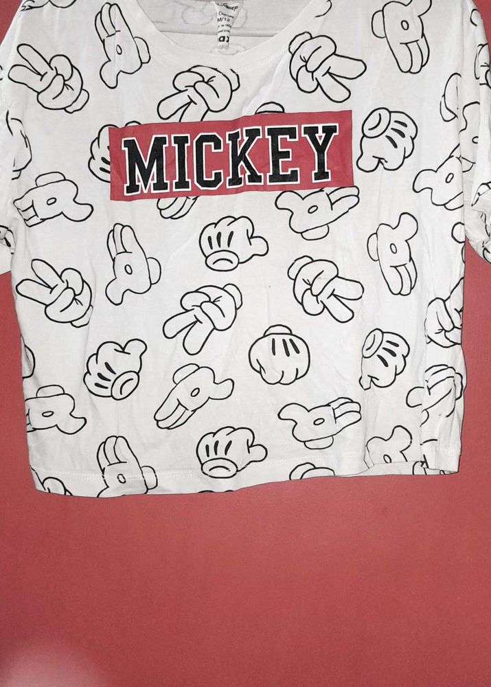 Mickey Mouse Print Cropped T-Shirt