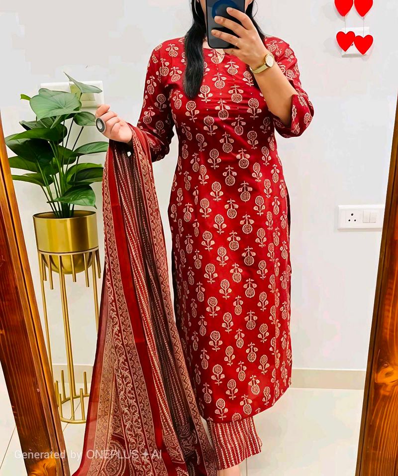 ♥️Red Printed Kurta Set with Dupatta