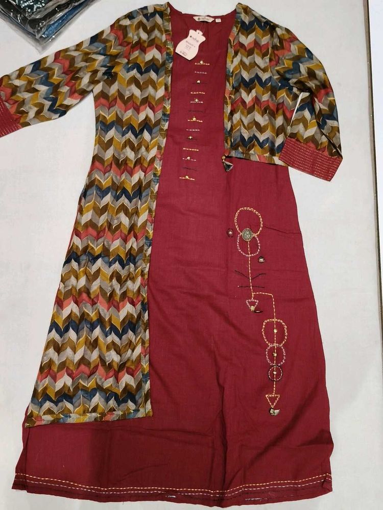 Maroon Kurta Set with Printed Jacket