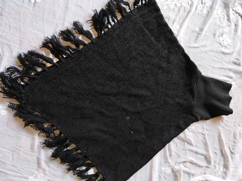 Black Knitted Poncho with Tassels