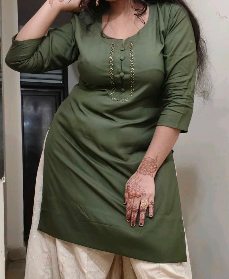 Olive Green Embroidered Kurta