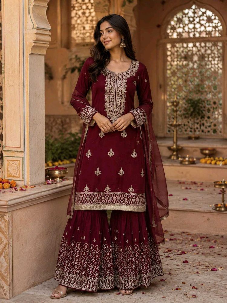 Embroidered Maroon Sharara Suit