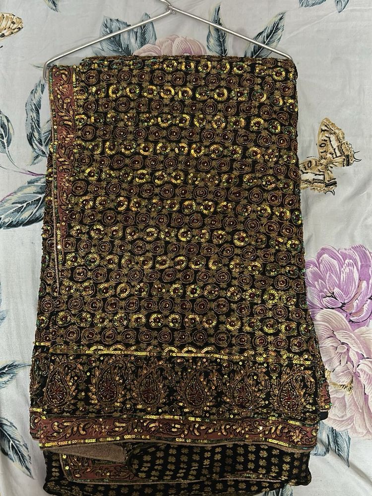 Embellished Black &amp; Gold Saree