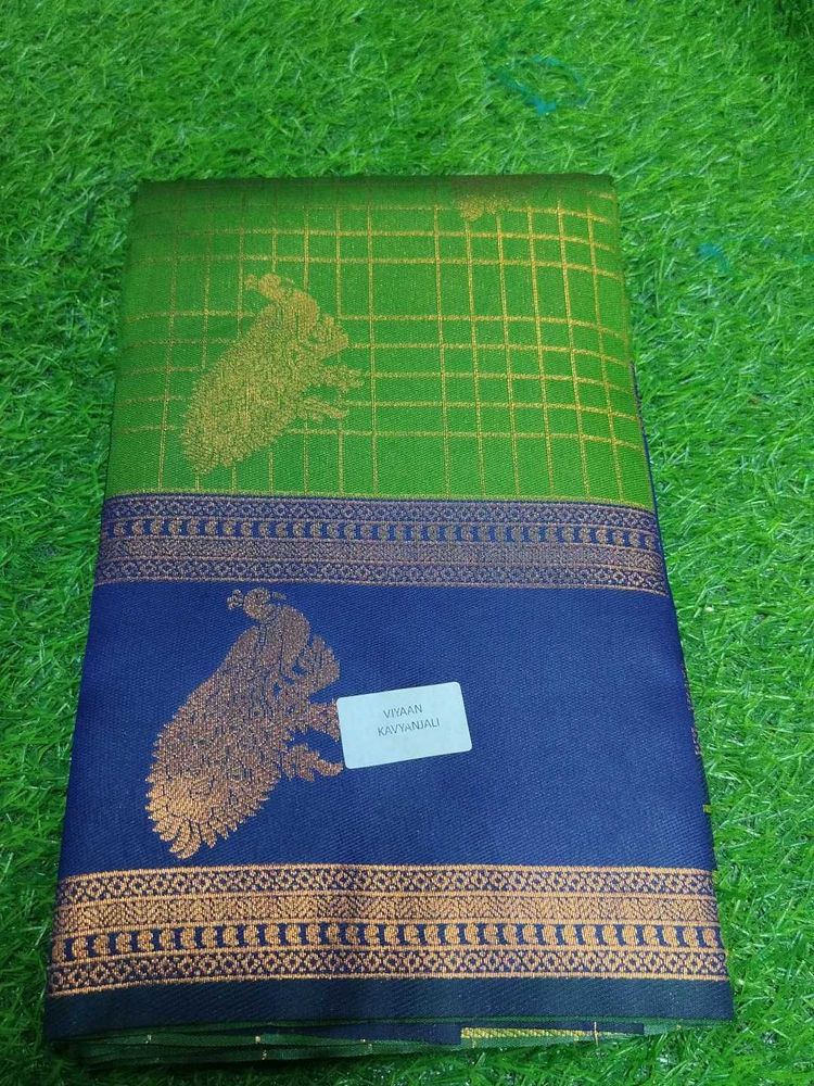 Elegant Green &amp; Blue Silk Saree with Peacock Motif