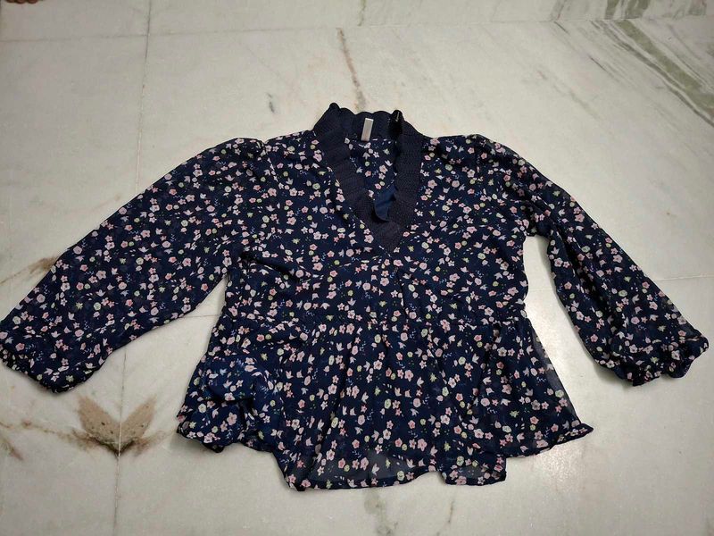 Navy Floral Print Peplum Top