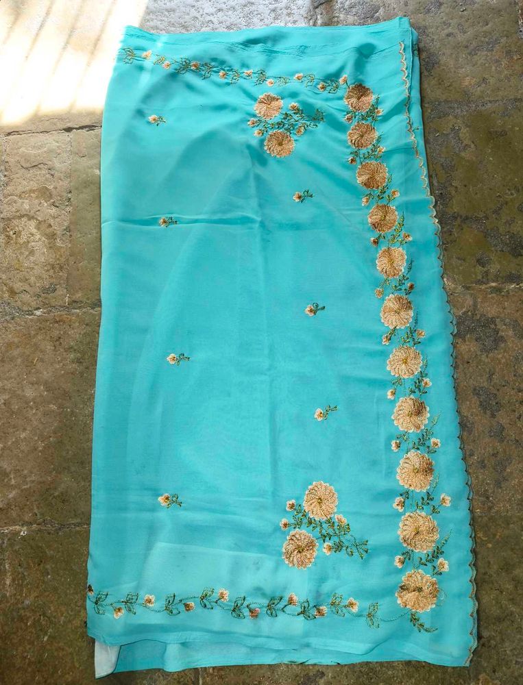 Aqua Blue Embroidered Saree