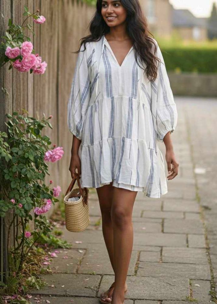 H&amp;M Striped Mini Dress with Full Puff Sleeves