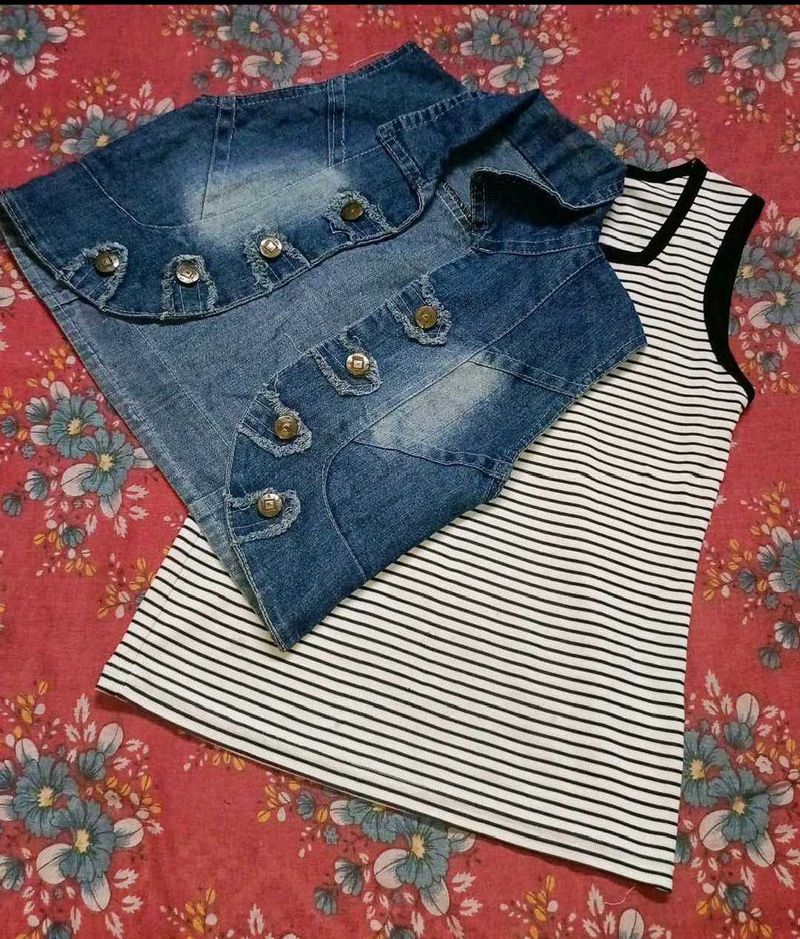 Denim Vest &amp; Striped Top Set