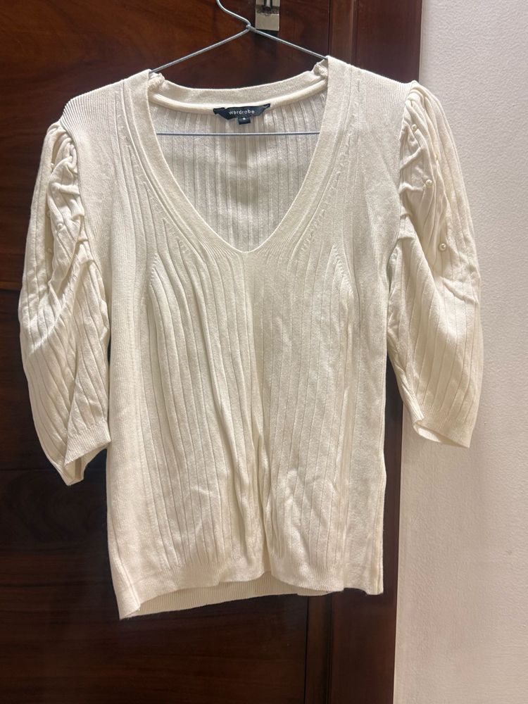Cream V-Neck Knit Top with Puff Sleeves