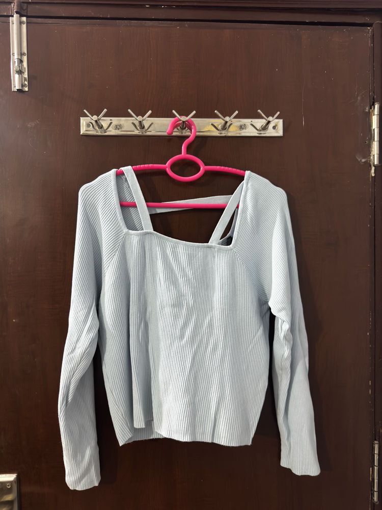Light Blue Ribbed Square Neck Top